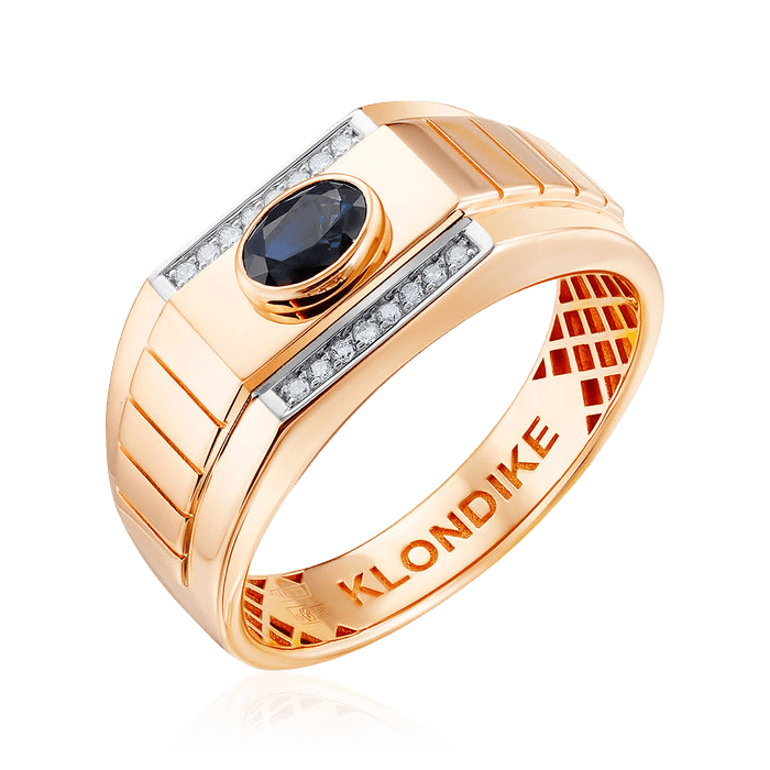 Мужское кольцо с сапфиром, бриллиантами из красного золота 585 пробы, фото № 1