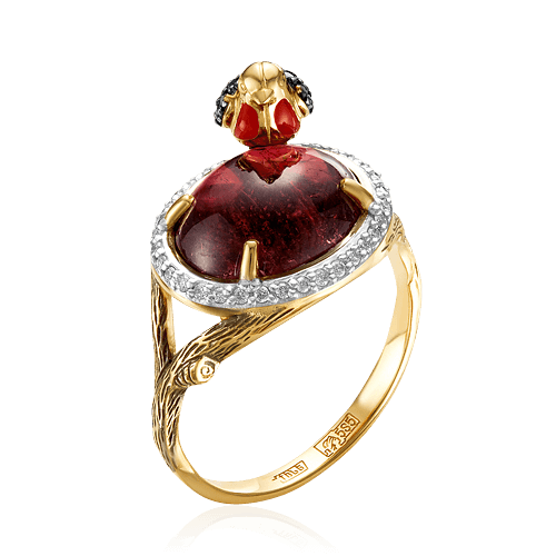 Кольцо с бриллиантами, эмалью, турмалином из красного золота 585 пробы, фото № 1
