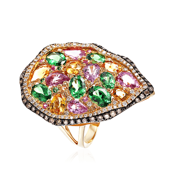 Кольцо с цветными сапфирами, бриллиантами, цитрином, тсаворитом в желтом золоте 585 пробы, фото № 1