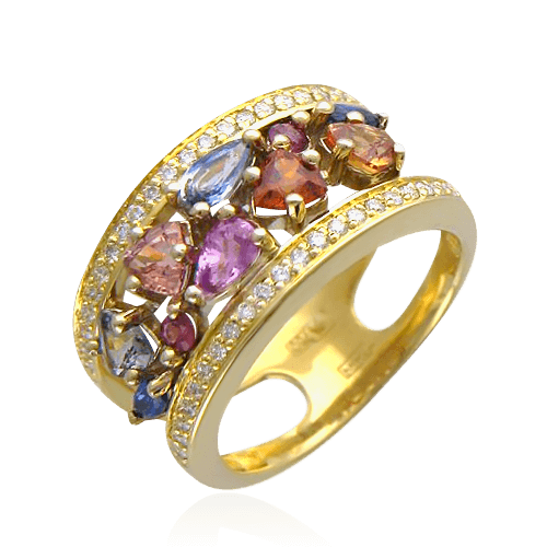 Кольцо с изумрудом, рубином, сапфиром, цветными сапфирами бриллиантами Солнечное затмение (арт. 11084)