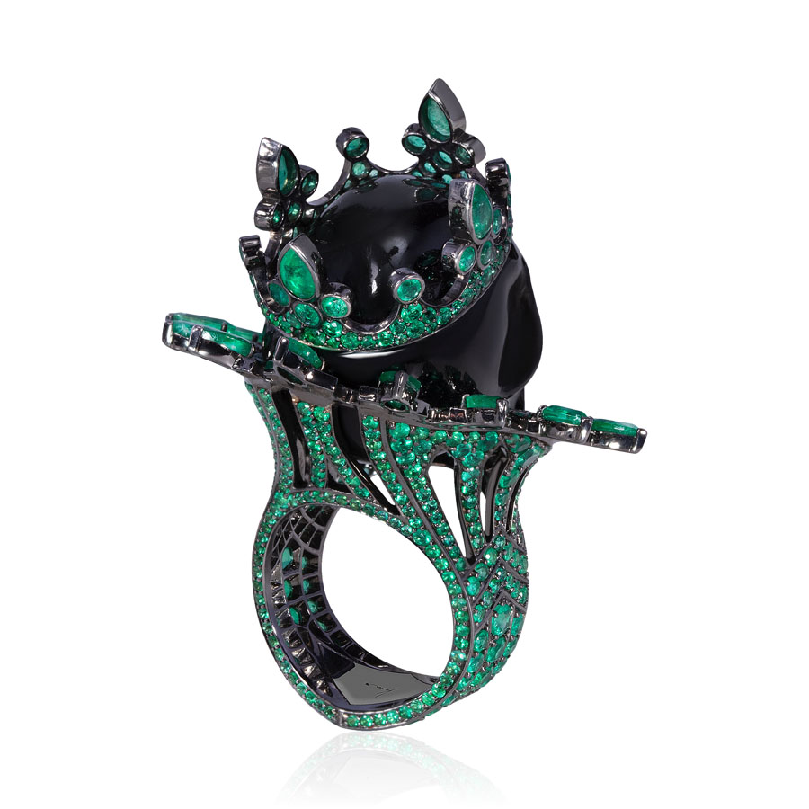 Кольцо Череп с бриллиантами, изумрудом, обсидианом из черного золота 750 пробы, фото № 4