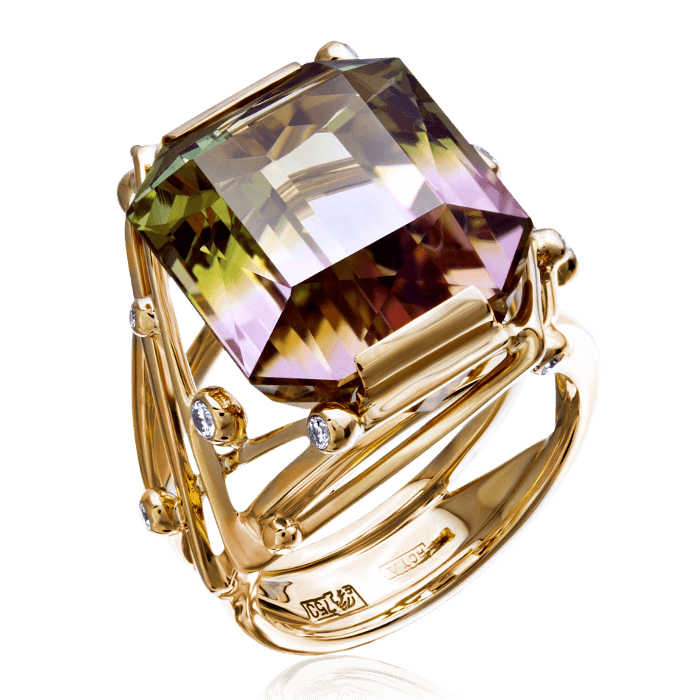 Кольцо с турмалином, бриллиантами из желтого золота 750 пробы (арт. 45808)