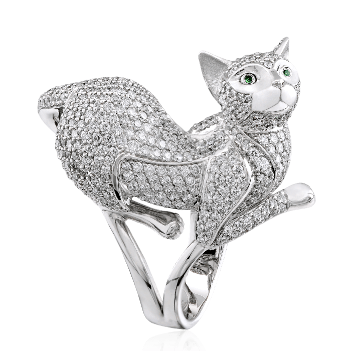 Кольцо Кошка с бриллиантами, тсаворитом из белого золота 750, фото № 1