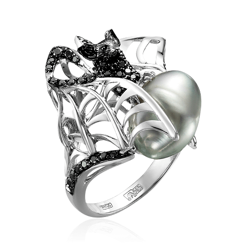 Кольцо Летучая Мышь с жемчугом, бриллиантами из белого золота 585 пробы, фото № 1