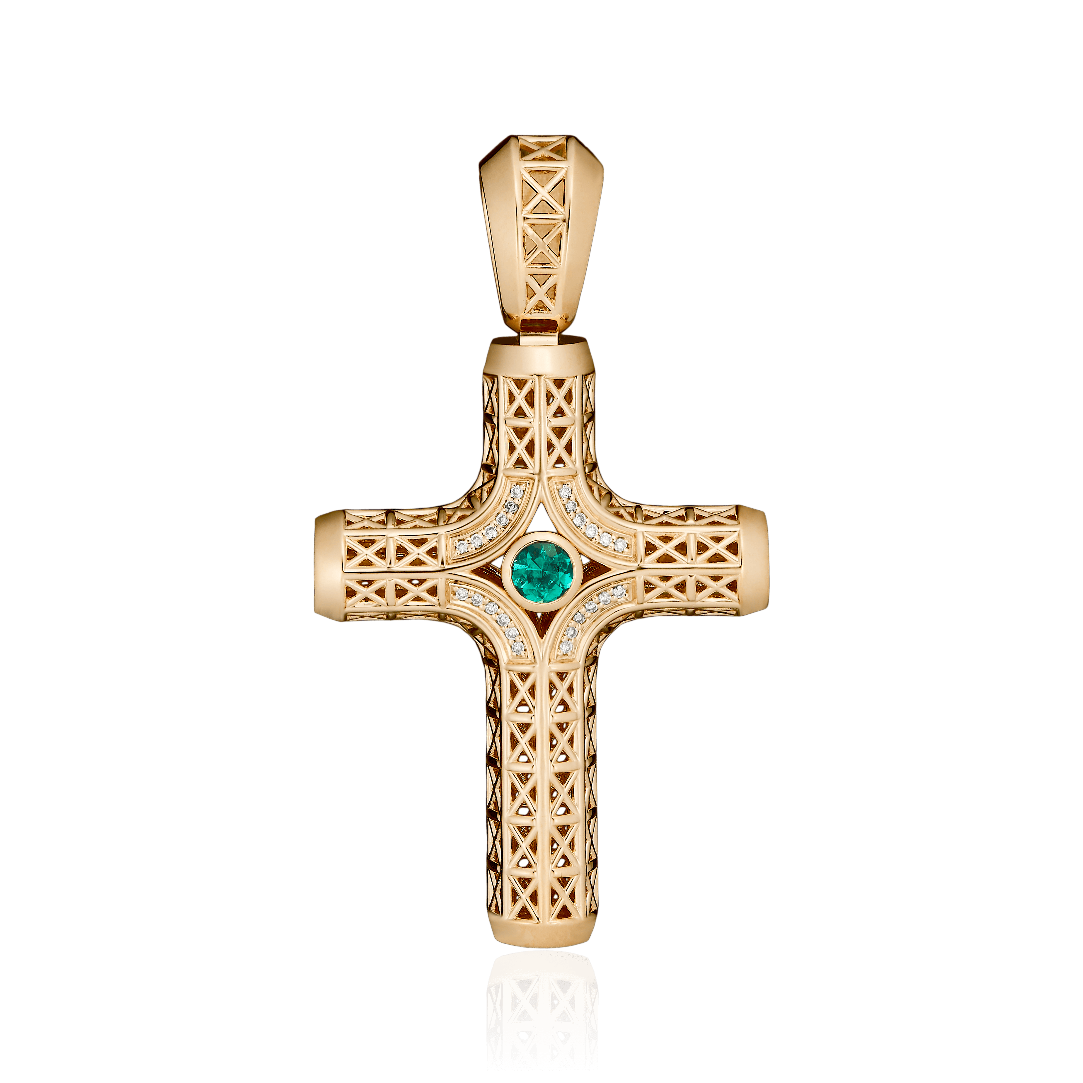 Крестик с изумрудом, бриллиантами из красного золота 585 пробы, фото № 1