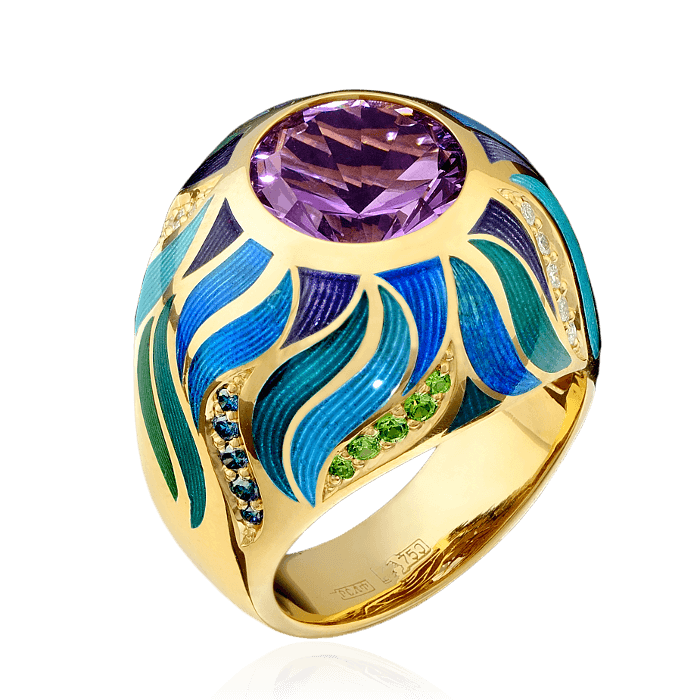 Кольцо с аметистом, бриллиантами, эмалью, демантоидом из желтого золота 750 пробы, фото № 1