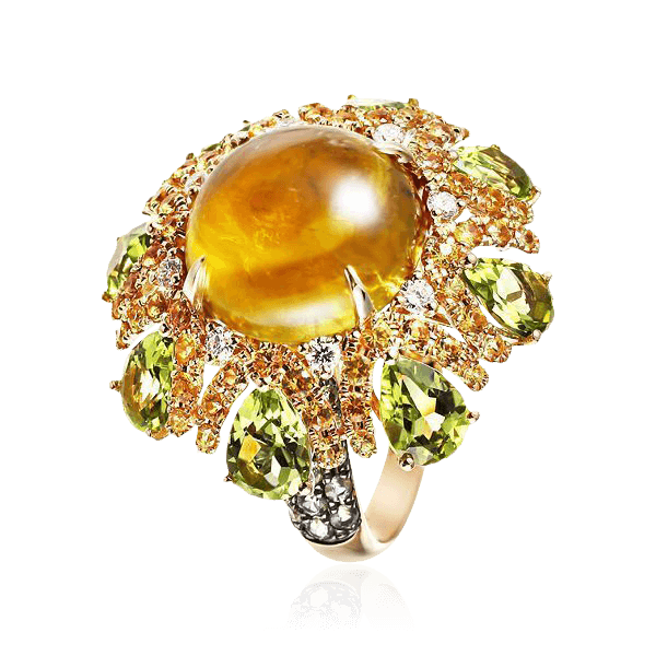 Кольцо с сапфиром, турмалином, бриллиантами, перидотом из желтого золота 585 пробы (арт. 103144)