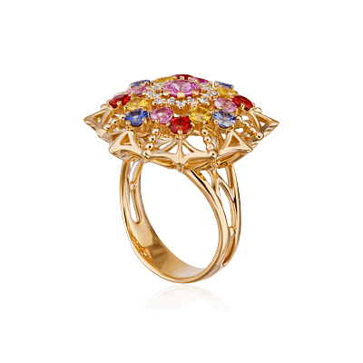 Кольцо с бриллиантами, цветными сапфирами из желтого золота 750 пробы (арт. 41081)
