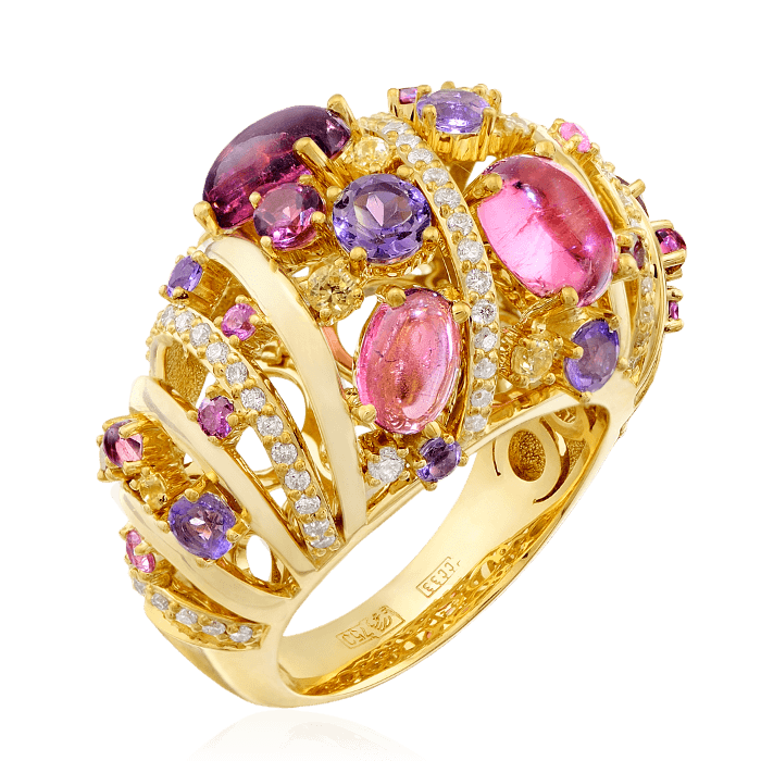 Кольцо с цветными сапфирами, бриллиантами, аметистом, турмалином из желтого золота 750 пробы, фото № 1