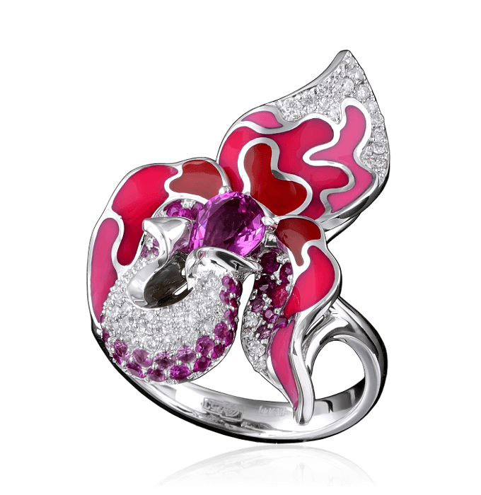 Кольцо с эмалью, бриллиантами, розовыми сапфирами в белом золоте 750 пробы, фото № 1