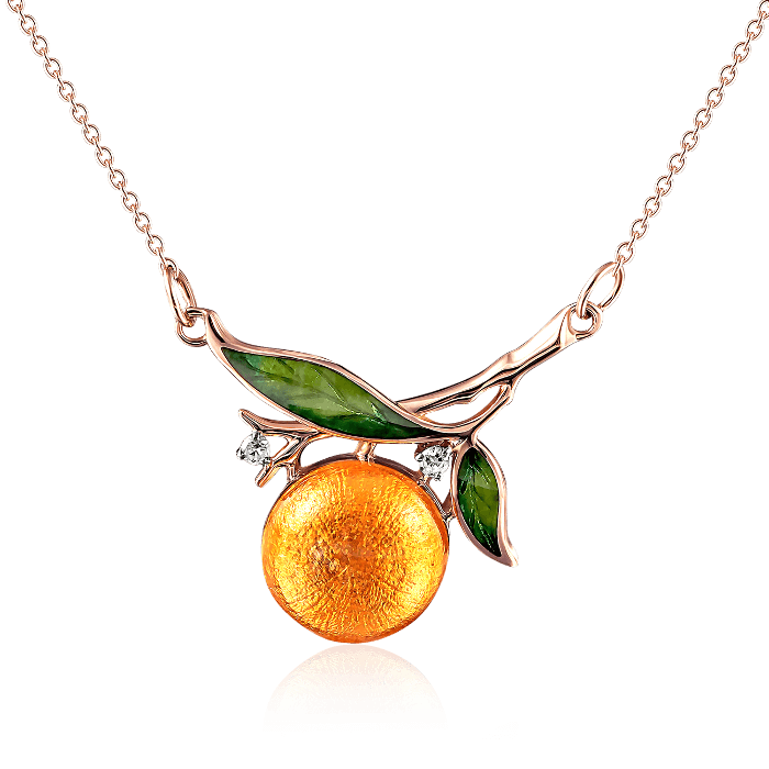Колье из красного золота с бриллиантами и сочным апельсином из горячей эмали, фото № 1
