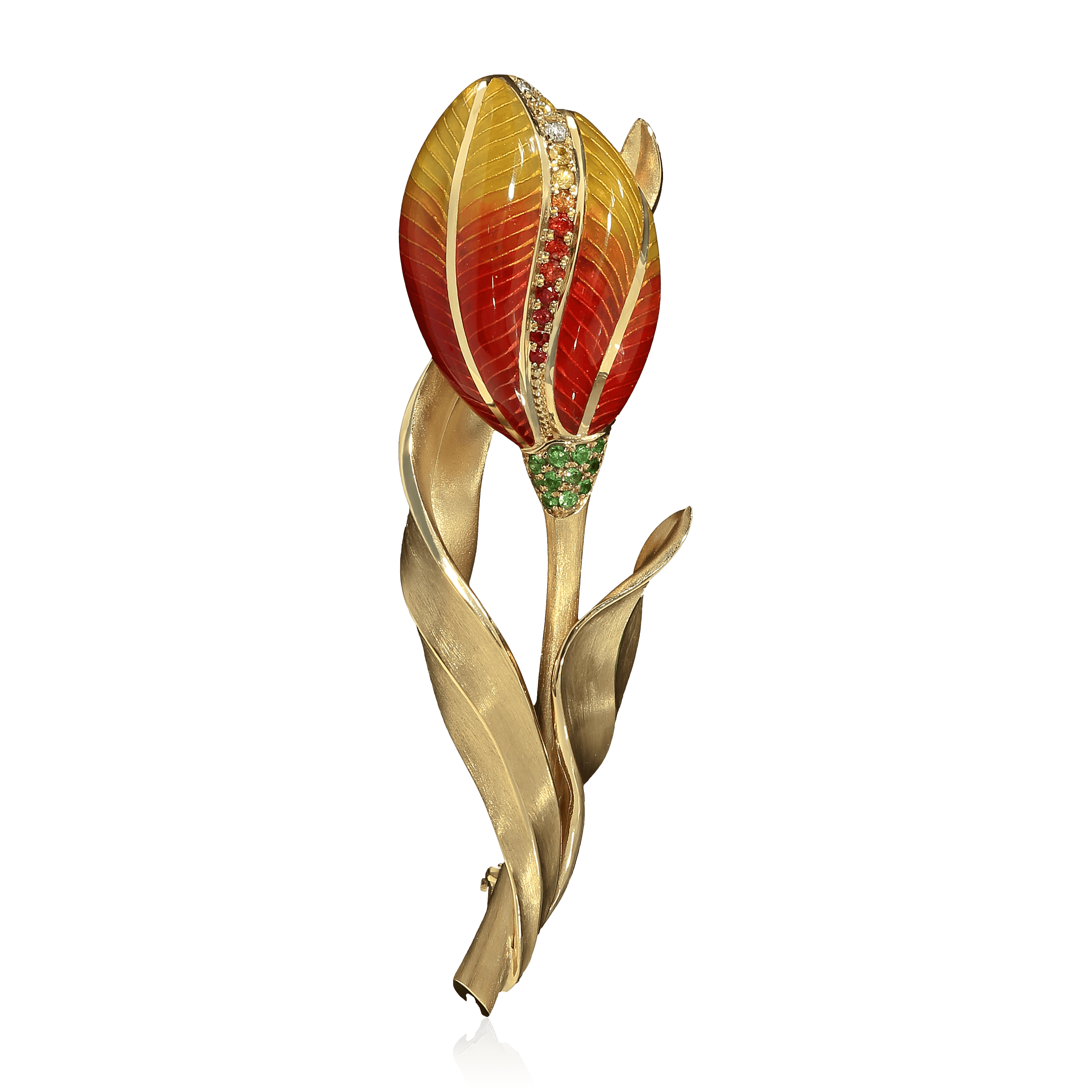 Брошь Тюльпан с рубином, сапфиром, бриллиантами, эмалью, тсаворитом из желтого золота 750 пробы (арт. 102141)