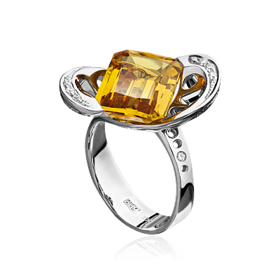 Кольцо с желтым сапфиром, бриллиантами из белого золота 585 пробы, фото № 1