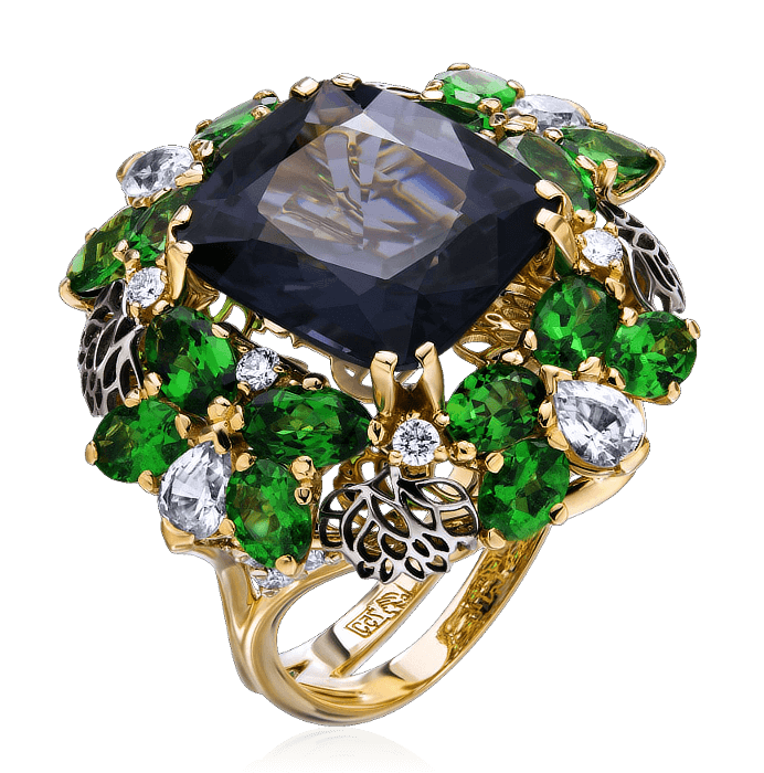 Кольцо с шпинелью, бриллиантами, тсаворитом, цветными сапфирами из комбинированного золота 750 пробы, фото № 1