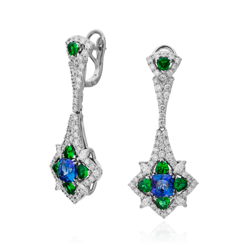 Серьги с танзанитом, тсаворитом, бриллиантами из белого золота 750 пробы (арт. 41256)
