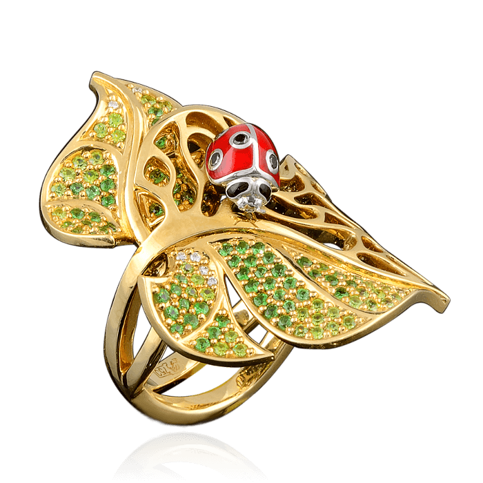 Кольцо Божья коровка с демантоидами, бриллиантами, эмалью в желтом золоте 585 пробы, фото № 1