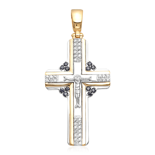 Крест с сапфиром, бриллиантами из комбинированного золота 585 пробы, фото № 1