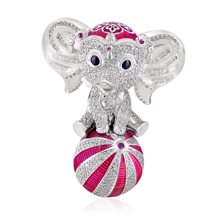Подвеска Слон на шаре с бриллиантами, розовыми сапфирами и розовой эмалью в белом золоте 750 пробы (арт. 40288)