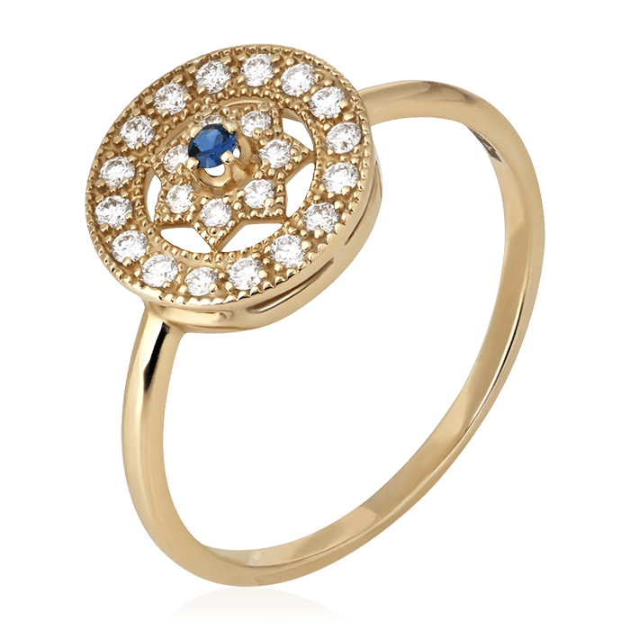 Кольцо с сапфиром, бриллиантами из желтого золота 750 пробы (арт. 75526)