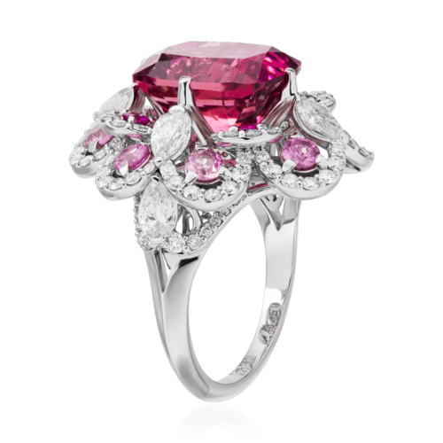 Кольцо с турмалином, розовыми сапфирами, бриллиантами из белого золота 750 пробы, фото № 3