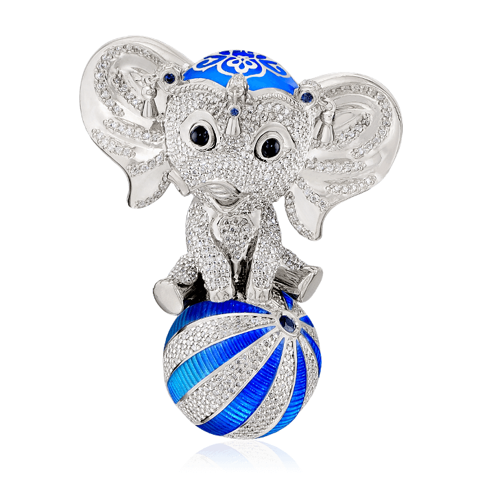 Кулон Слон на шаре с бриллиантами и цветными камнями в белом золоте 750 пробы (арт. 40008)