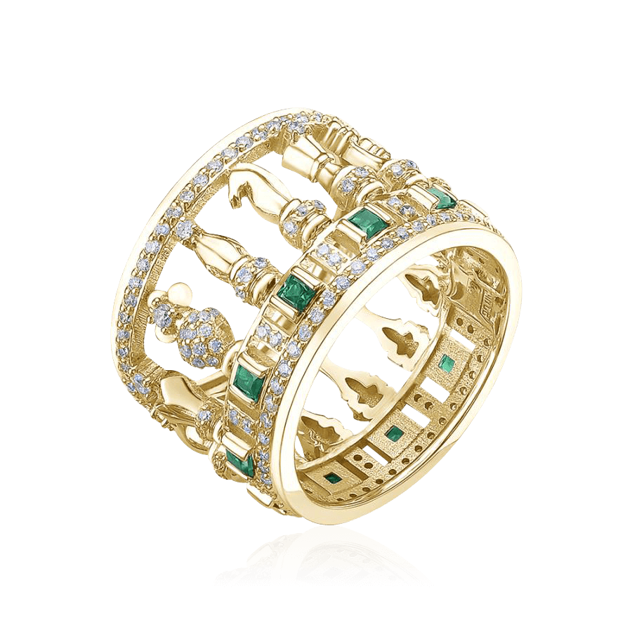 Кольцо Шахматы с изумрудом, бриллиантами из желтого золота 585 пробы, фото № 1