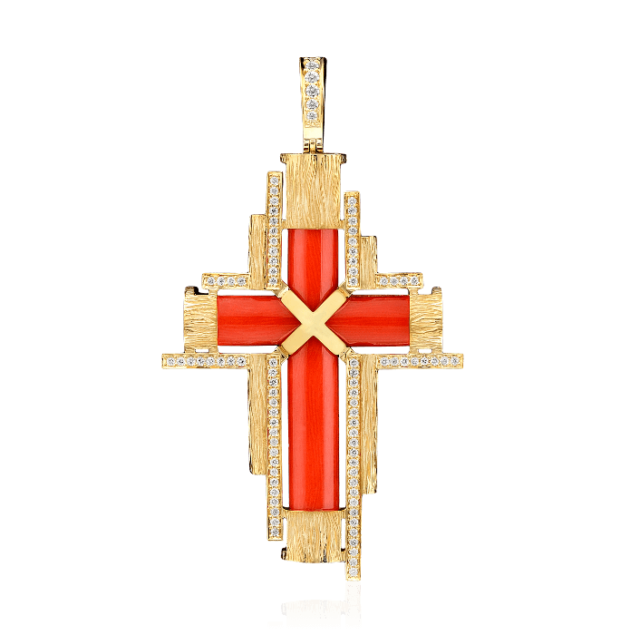 Крест с кораллом и бриллиантами в желтом золоте 585 пробы, фото № 1