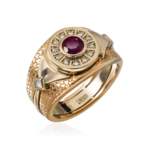 Мужское кольцо с рубином, бриллиантами из комбинированного золота 585 проб (арт. 64500)