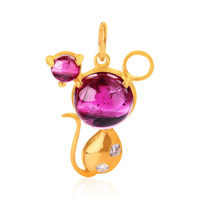 Кулон Мышка с турмалином, бриллиантами из желтого золота 750 пробы, фото № 1