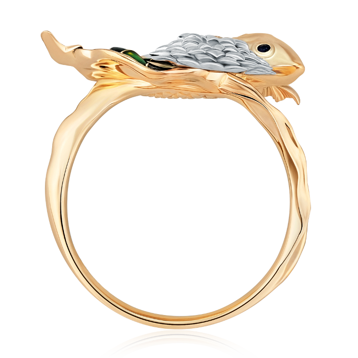 Кольцо Карпы кои с розовыми и синими сапфирами, эмалью в комбинированном золоте 585 пробы, фото № 3