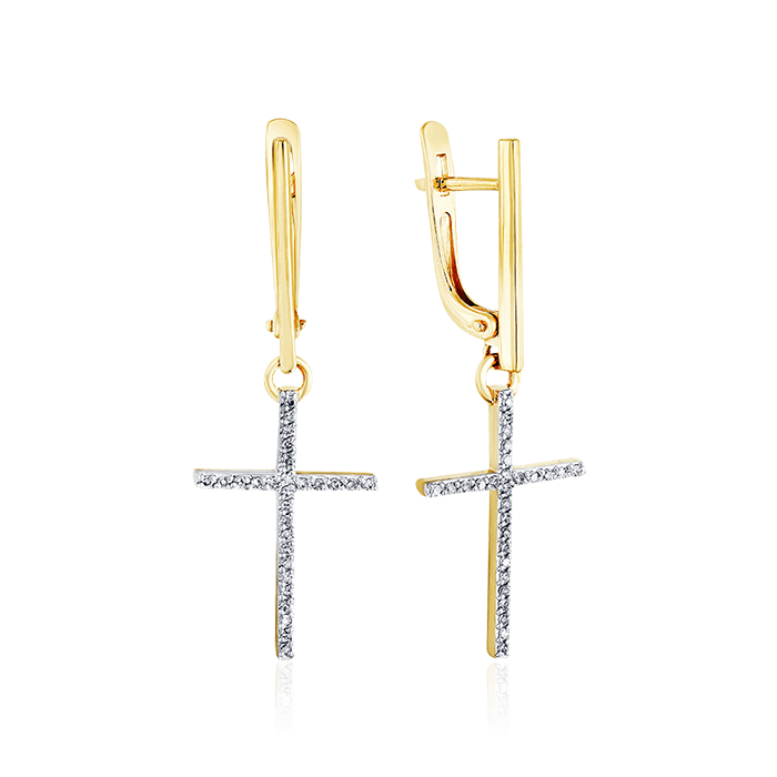 Серьги Кресты с бриллиантами из желтого золота 585 пробы, фото № 1