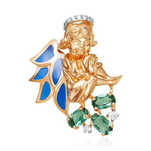 Кулон в виде ангела с бриллиантами, кварцем, эмалью из желтого золота 585 пробы (арт. 59469)