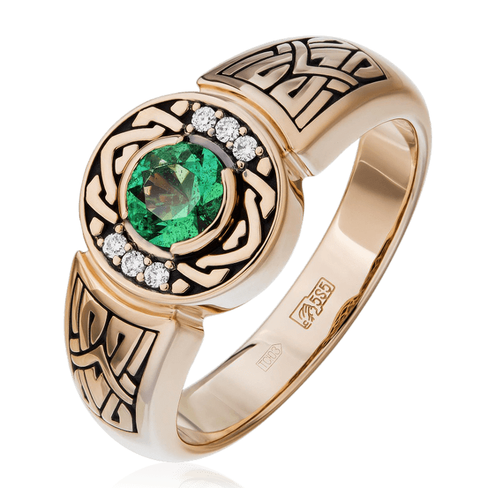 Мужское кольцо с изумрудом, бриллиантами из красного золота 585 пробы, фото № 1