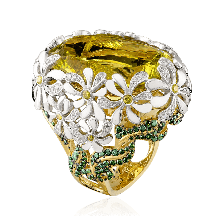 Кольцо с бриллиантами, кварцем, эмалью из комбинированного золота 750 пробы, фото № 1