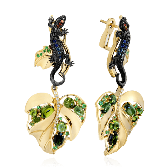 Длинные серьги Ящерицы с сапфиром, бриллиантами, демантоидом из желтого золота 750 пробы (арт. 38634)