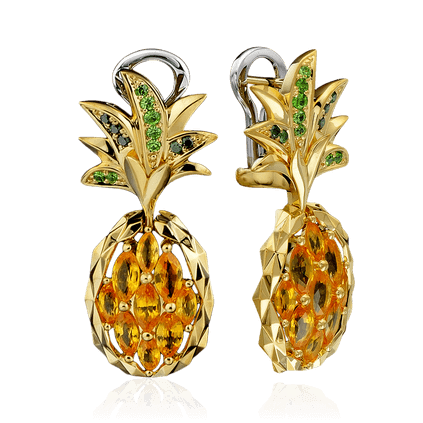 Серьги Ананас с цветными камнями и бриллиантами в желтом золоте 750 пробы, фото № 1