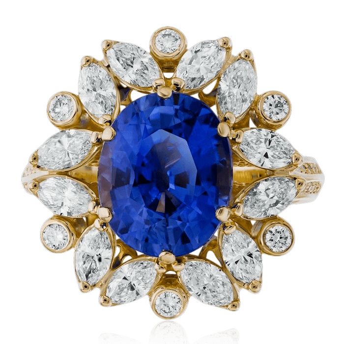 Кольцо с сапфиром, бриллиантами из желтого золота 750 пробы, фото № 2