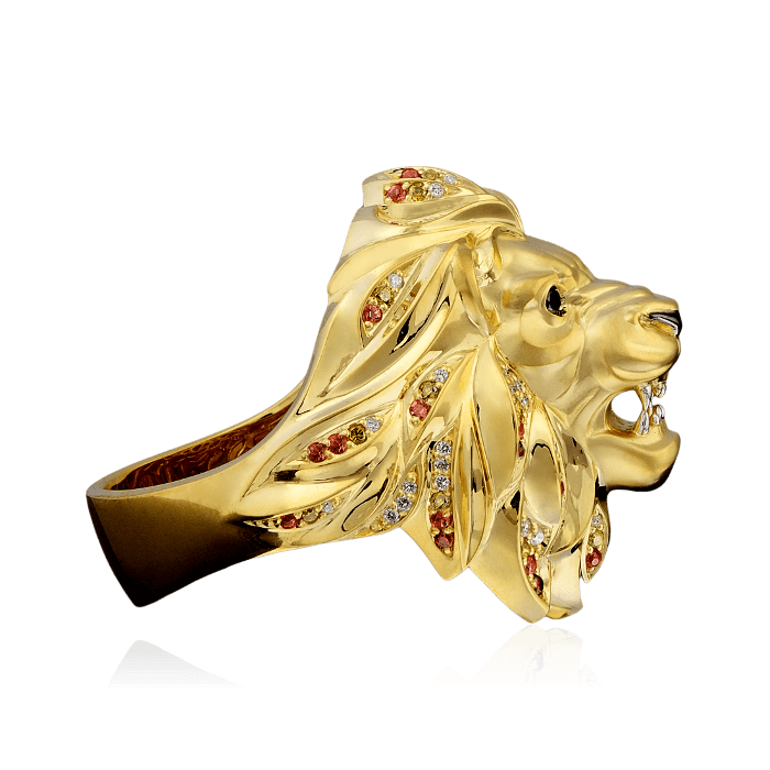 Мужское кольцо Лев с цветными сапфирами, бриллиантами в желтом золоте 750 пробы, фото № 2