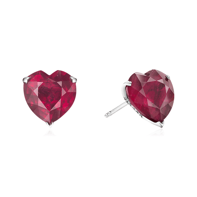 Серьги огранки сердце с рубинами, бриллиантами из белого золота 585 пробы, фото № 1