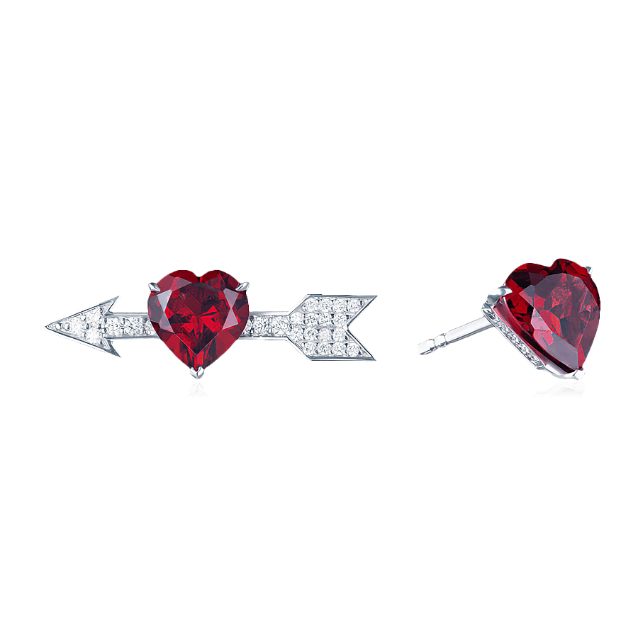 Асимметричные серьги с рубинами огранки сердце и бриллиантами из белого золота 585 пробы, фото № 1