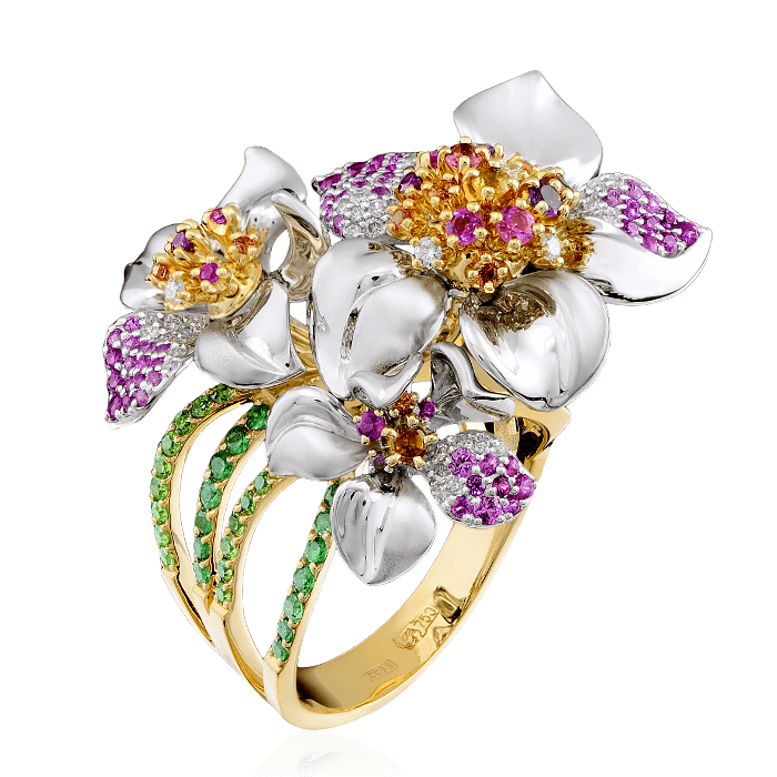 Кольцо Цветок с бриллиантами, аметистом, турмалином, демантоидом, тсаворитом, цветными сапфирами из комбинированного золота 750 пробы, фото № 1