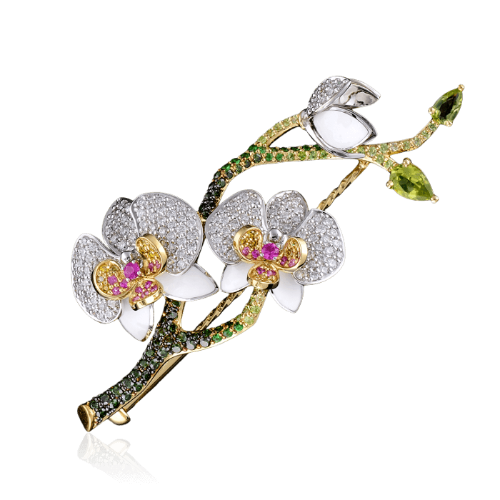 Брошь Орхидея с бриллиантами, хризолитами, демантоидами, тсаворитами, цветными сапфирами из желтого и белого золота 750 пробы (арт. 27660)