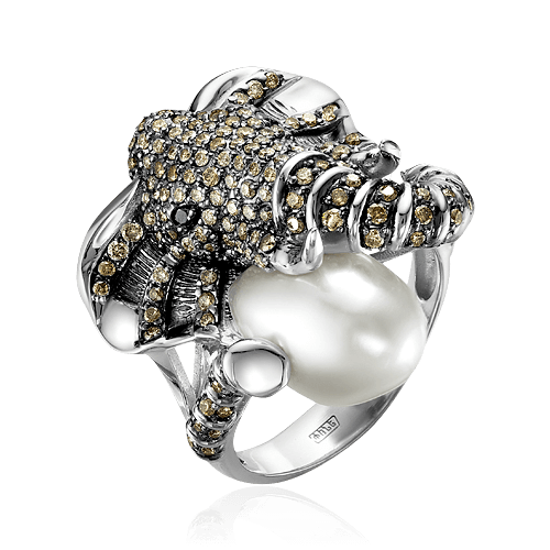 Кольцо Слон с жемчугом, бриллиантами из белого золота 585 пробы (арт. 66233)
