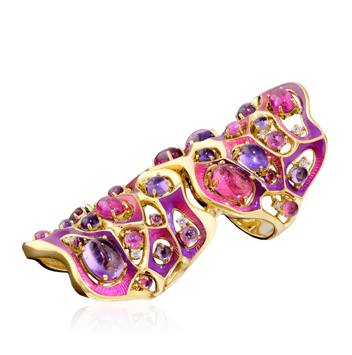 Бандажное кольцо (на весь палец) с бриллиантами, аметистами и турмалинами, эмалью в желтом золоте 750 пробы, фото № 1