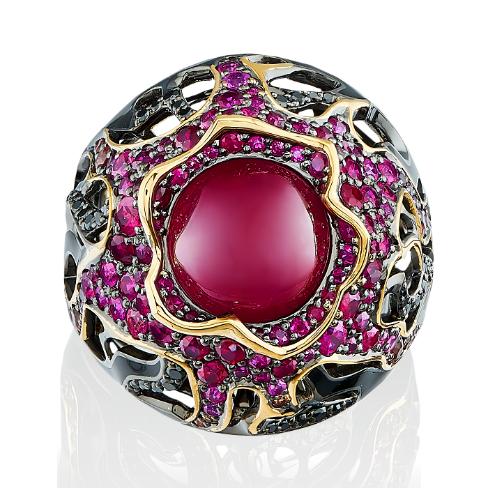 Кольцо с рубином, цветными сапфирами, бриллиантами, эмалью из желтого золота 750 пробы, фото № 2