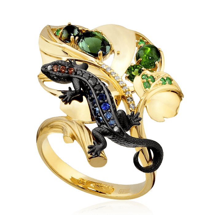 Кольцо Ящерица с бриллиантами, турмалином, тсаворитом, цветными сапфирами из желтого золота 750 пробы, фото № 1