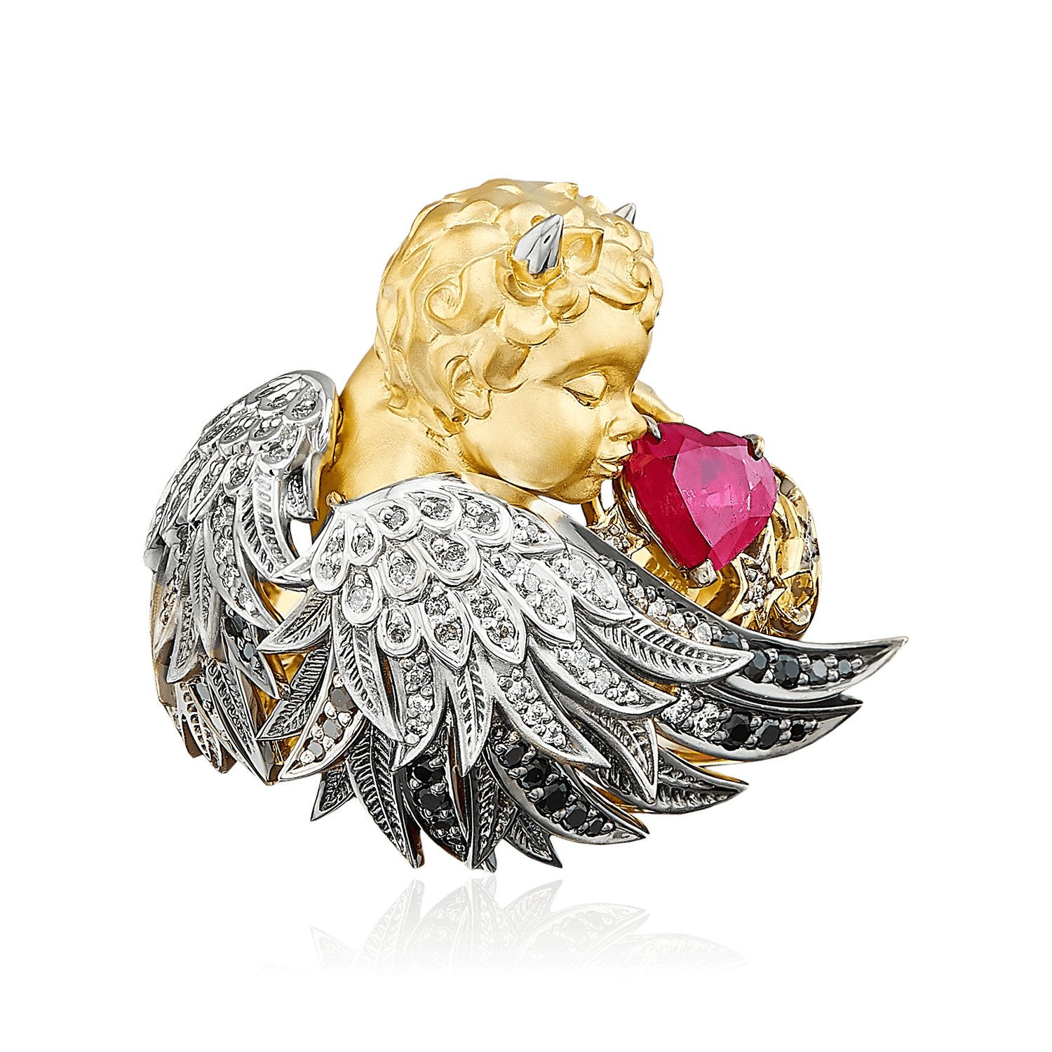 Кольцо Ангел с рубинами, цветными сапфирами, бриллиантам из желтого золота 750 пробы, фото № 2