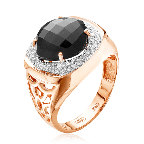 Мужское кольцо с ониксом, бриллиантами из комбинированного золота 585 пробы, фото № 1