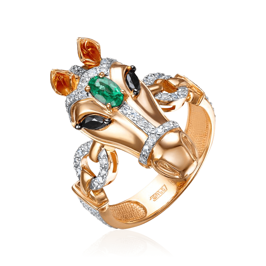 Кольцо Лошадь с изумрудом, бриллиантами из комбинированного золота 585 пробы, фото № 1