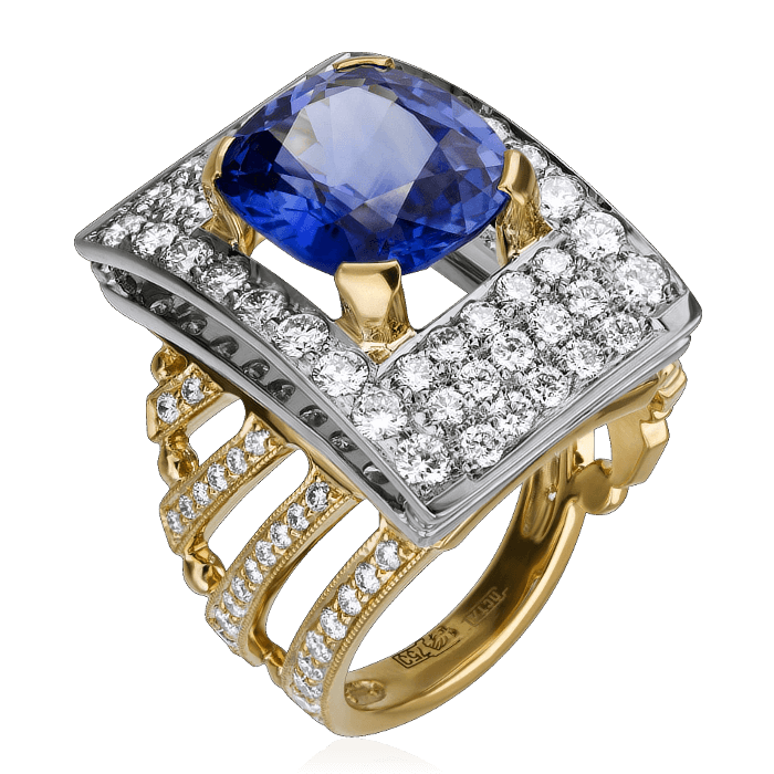 Кольцо с сапфиром, бриллиантами из комбинированного золота 750 пробы, фото № 1